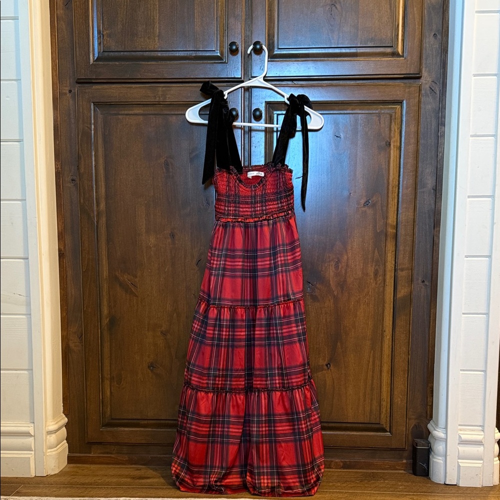 Red Plaid Maxi Dress with Black Straps